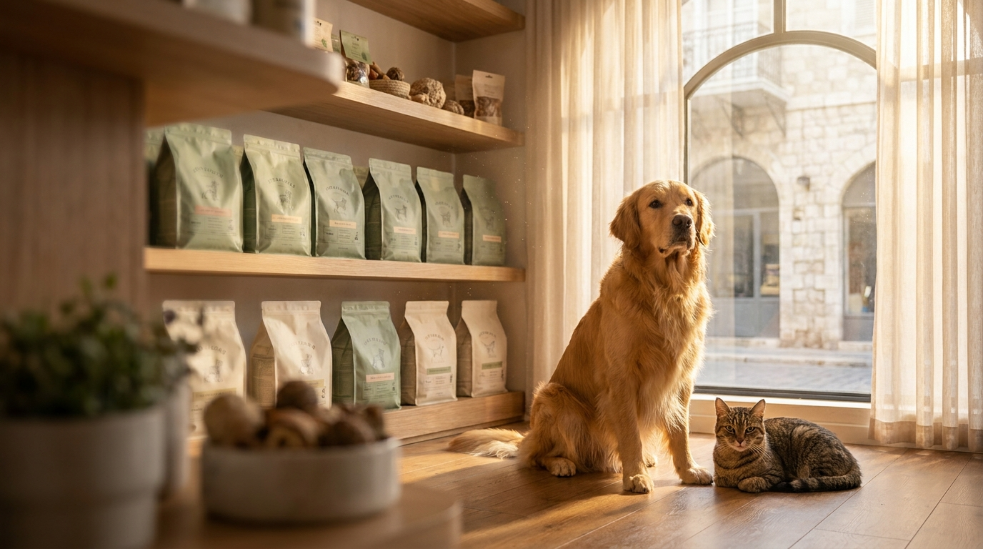 Hero - golden retriever and tabby cat at Hanita Dogs pet store